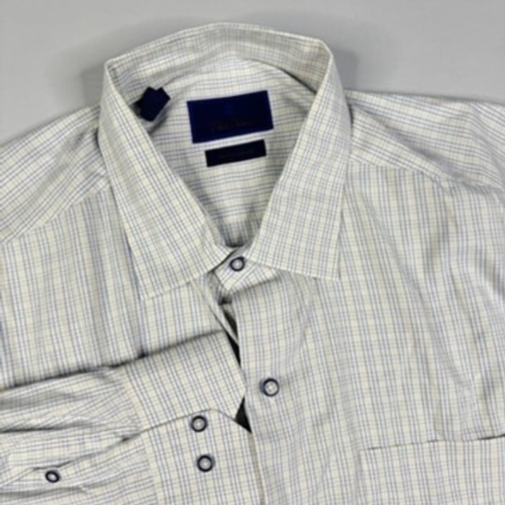 David Donahue Performance Shirt Mens XL‎ White Blue Plaid Stretch Long Sleeve